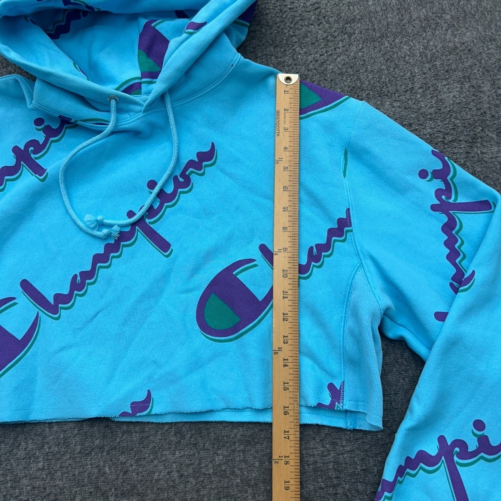 Champion Reverse Weave Hoodie Womens Medium Blue Crop All Over Print Sweatshirt - Picture 5 of 8